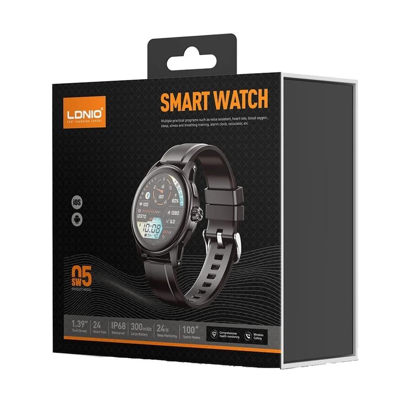 LDNIO SW05 Smart Watch | 1.39" Round Touch Screen | IP68 Waterproof | 300mAh Large Battery | Bluetooth Calling | Heart Rate + SpO2 + Sleep | 100+ Sports Modes